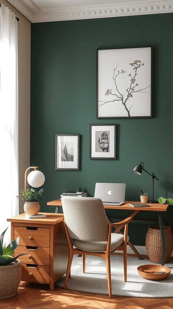 A cozy workspace with dark green walls, wooden furniture, and decorative plants.