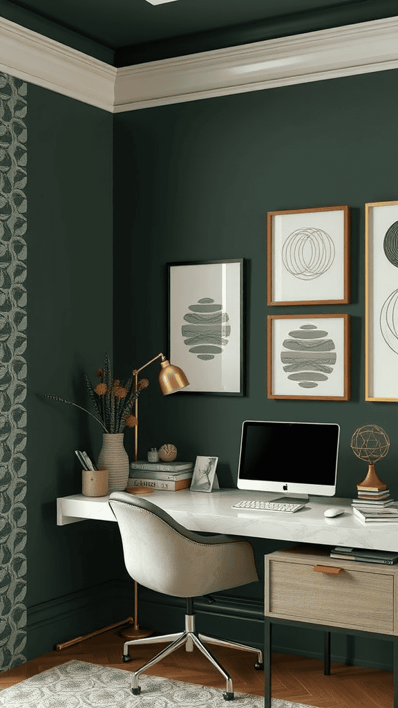 A stylish workspace with dark green walls and a decorative wallpaper section.