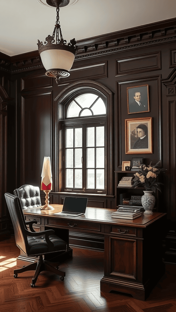 A Victorian home office with dark wood paneling, featuring a wooden desk, leather chair, and decorative elements.