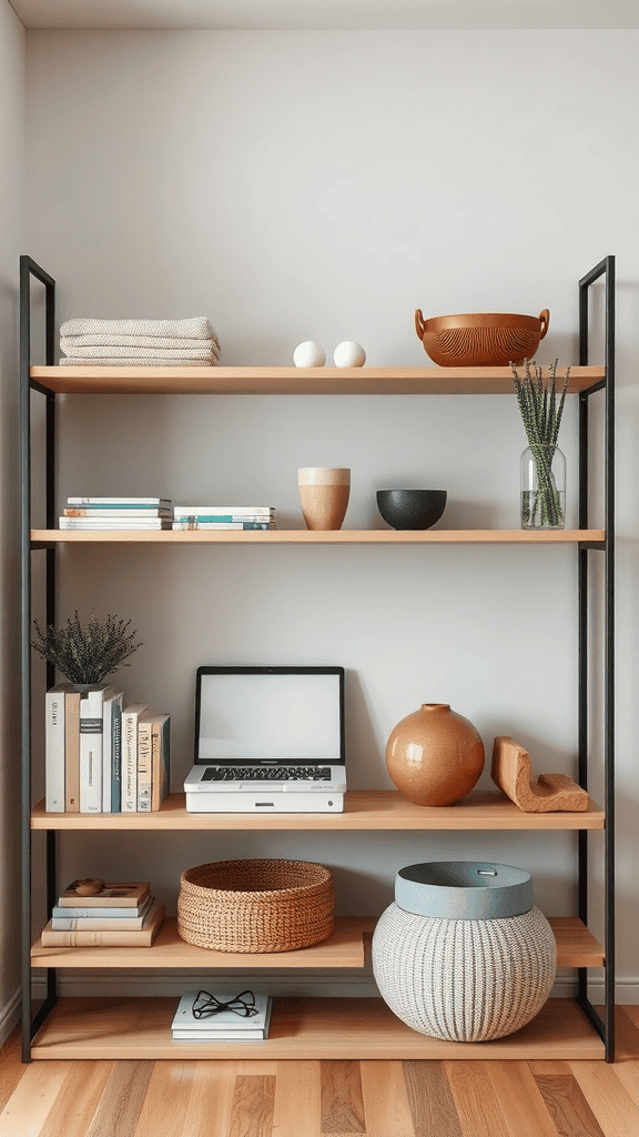 A minimalist shelving unit featuring decorative bowls, a laptop, books, and woven baskets.