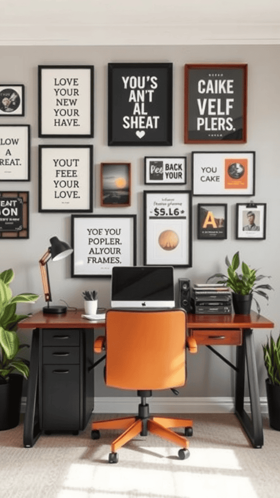 A creative wall art arrangement featuring various framed prints with quotes and designs, along with a stylish desk and chair.