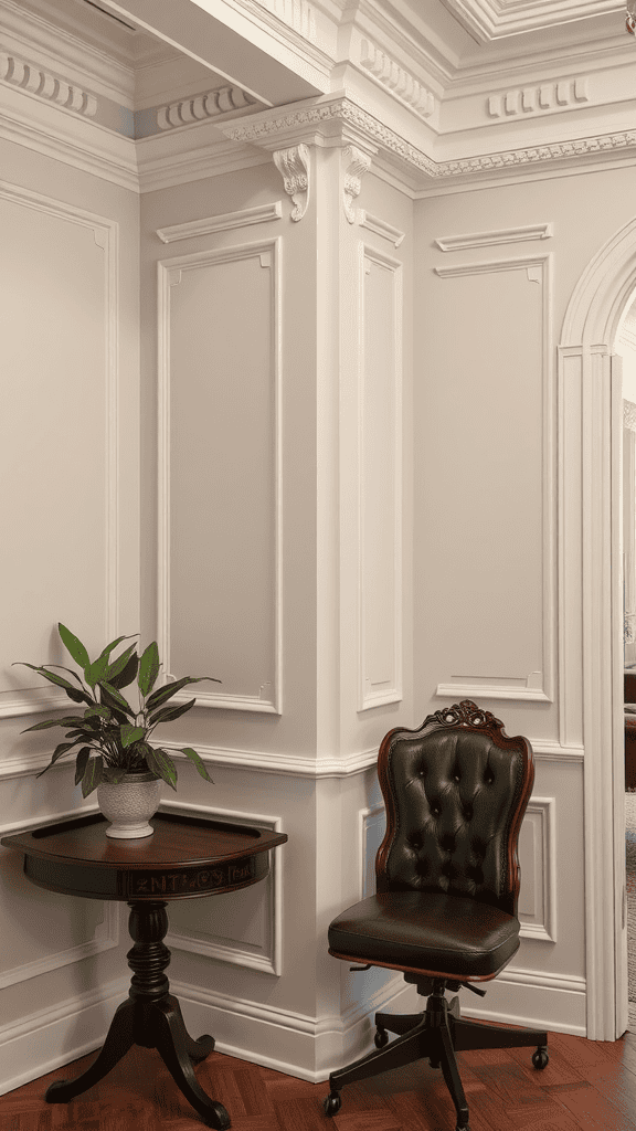 A corner of a stylish room showcasing decorative wall moulding, a small table, a plant, and a vintage chair.