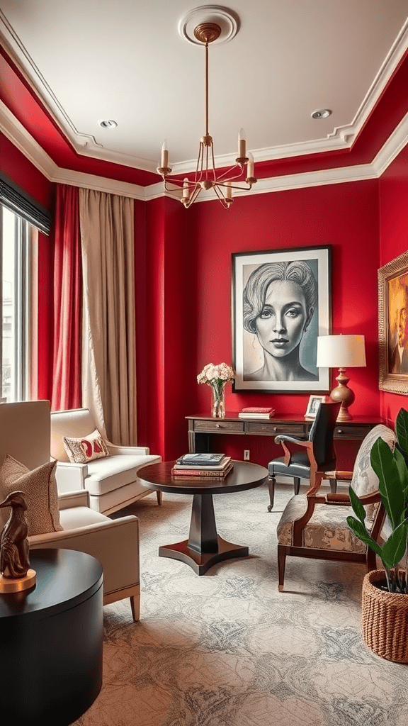 A stylish room with deep red walls, elegant furniture, and artistic decor.