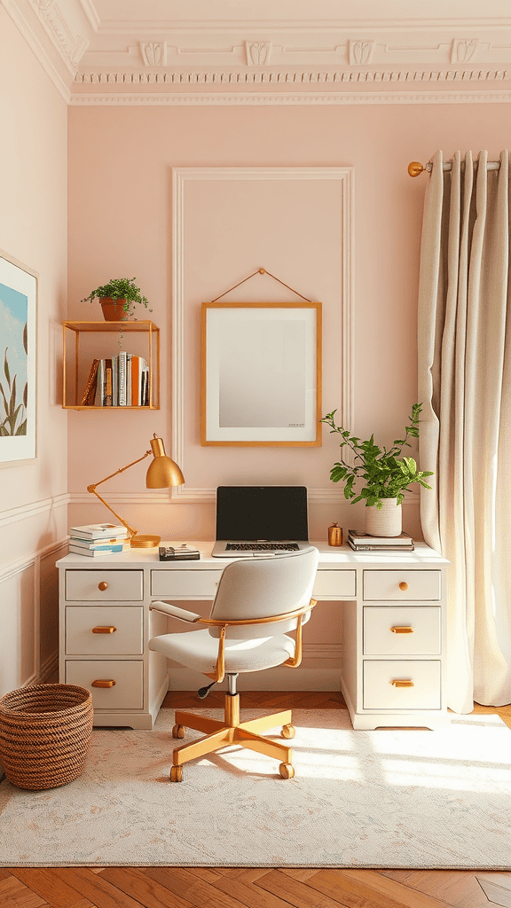 A stylish home office with a pink wall, a white desk, and natural decor elements.