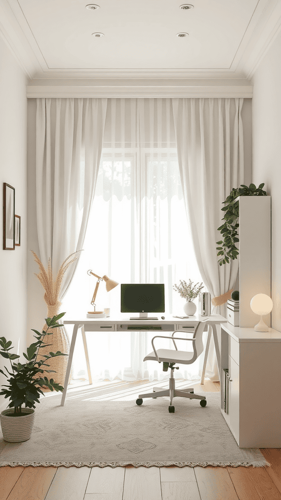 A bright, airy office space featuring light cream colors, plants, and a desk setup.