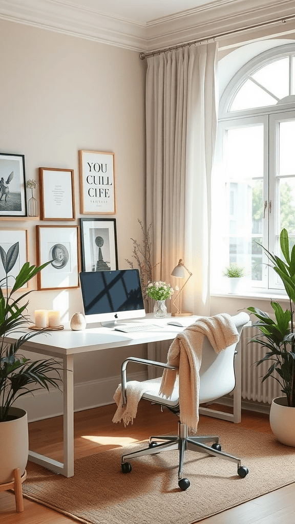 A bright, serene workspace featuring a desk with a computer, plants, and artwork on the walls.