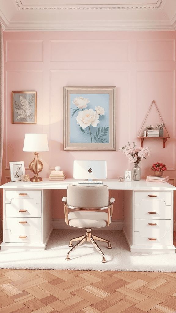 A stylish feminine workspace featuring a pink wall, elegant desk, and decorative elements.