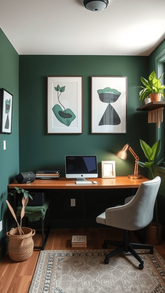 A small dark green office featuring a wooden desk, a computer, and green plants.