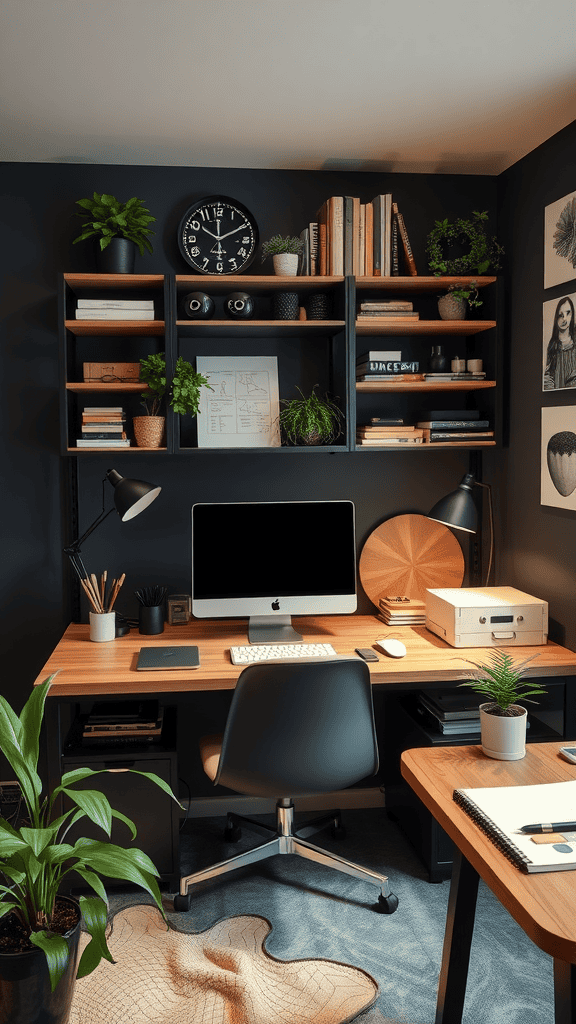 A stylish and organized workspace featuring a desk with an iMac, plants, and books on shelves.