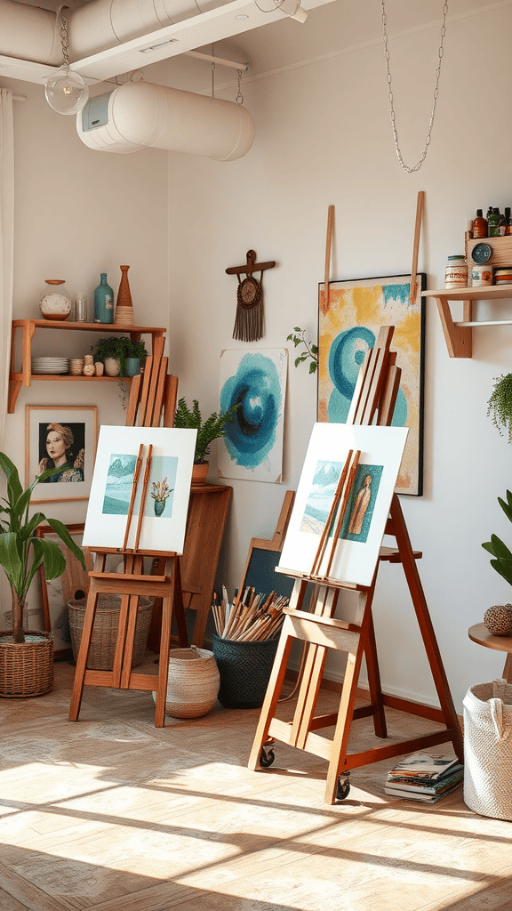 An art studio with easels displaying artwork, plants, and shelves filled with art supplies.