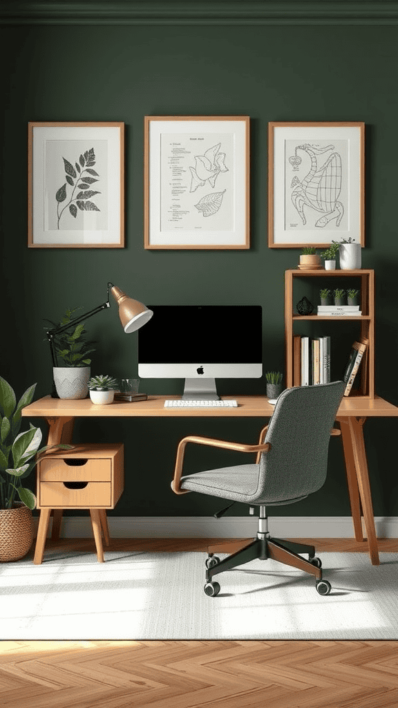 A stylish gender-neutral office featuring dark green walls, a wooden desk, and stylish decor.