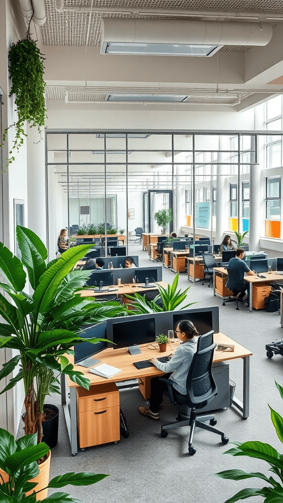 An open workspace with plants, desks, and people working.