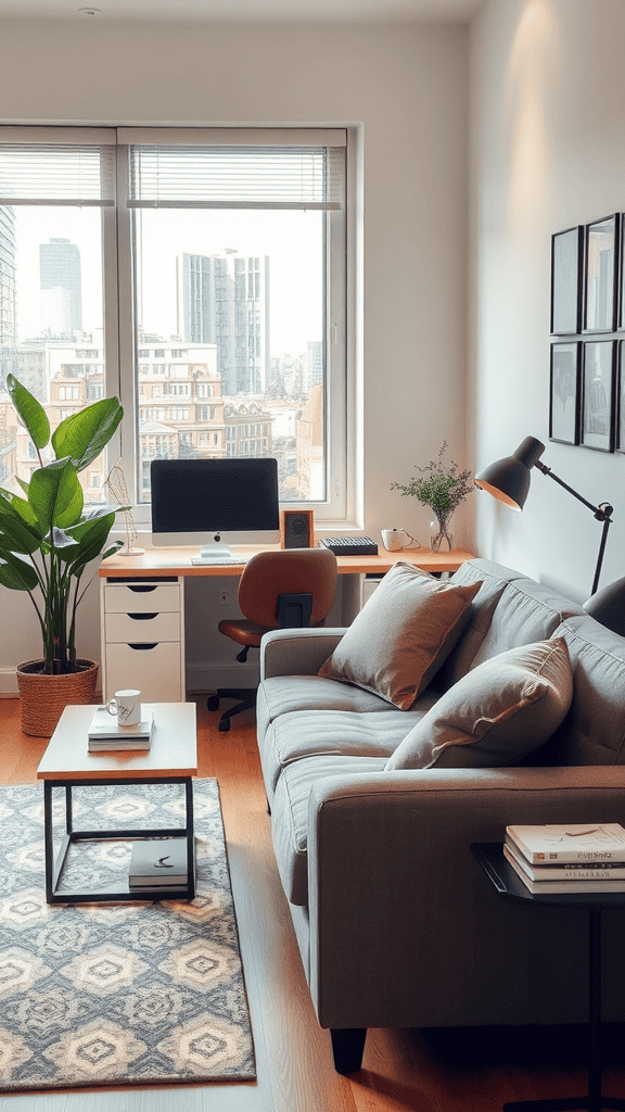 Cozy living area with a nearby desk and computer, featuring a couch and indoor plant.