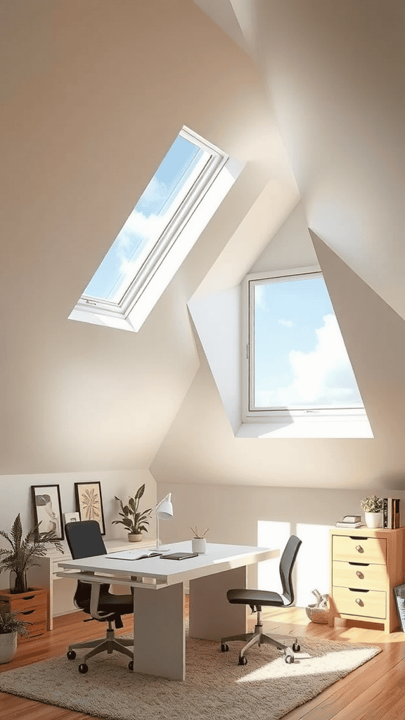 Bright attic space with skylights and a modern desk setup