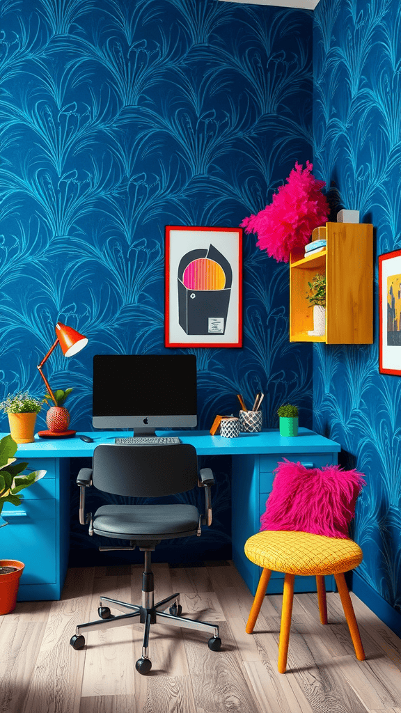 A dynamic workspace featuring navy blue walls, colorful accents, and a stylish desk setup.