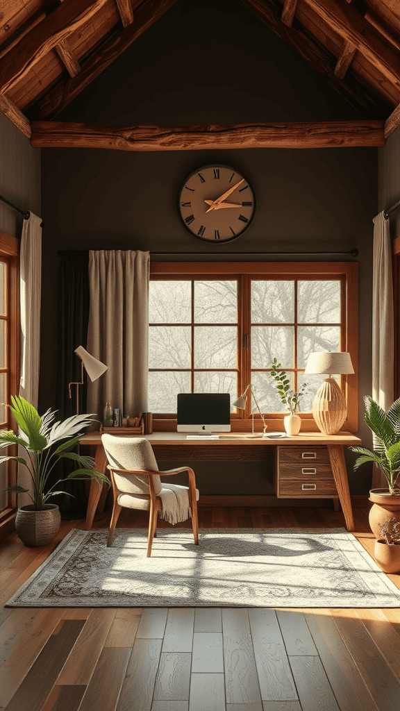 A cozy workspace featuring earthy tones with wooden elements, plants, and natural light.