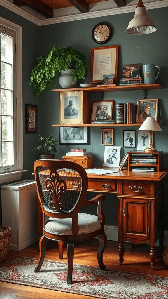 A cozy vintage home office featuring a wooden desk and chair, with books and framed photos on the shelves.