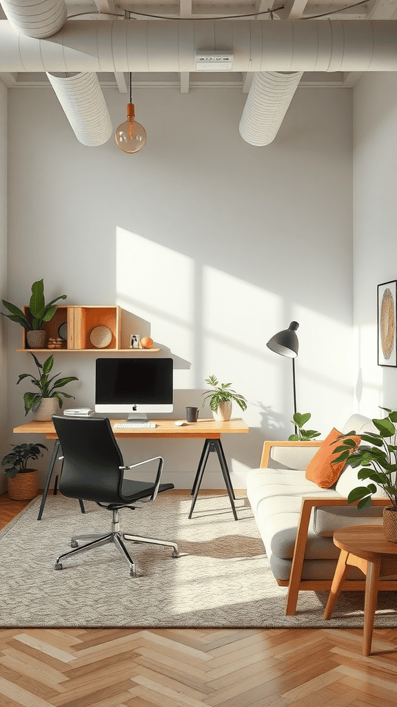 A cozy home office with a minimalist aesthetic featuring wooden furniture, plants, and a bright atmosphere.