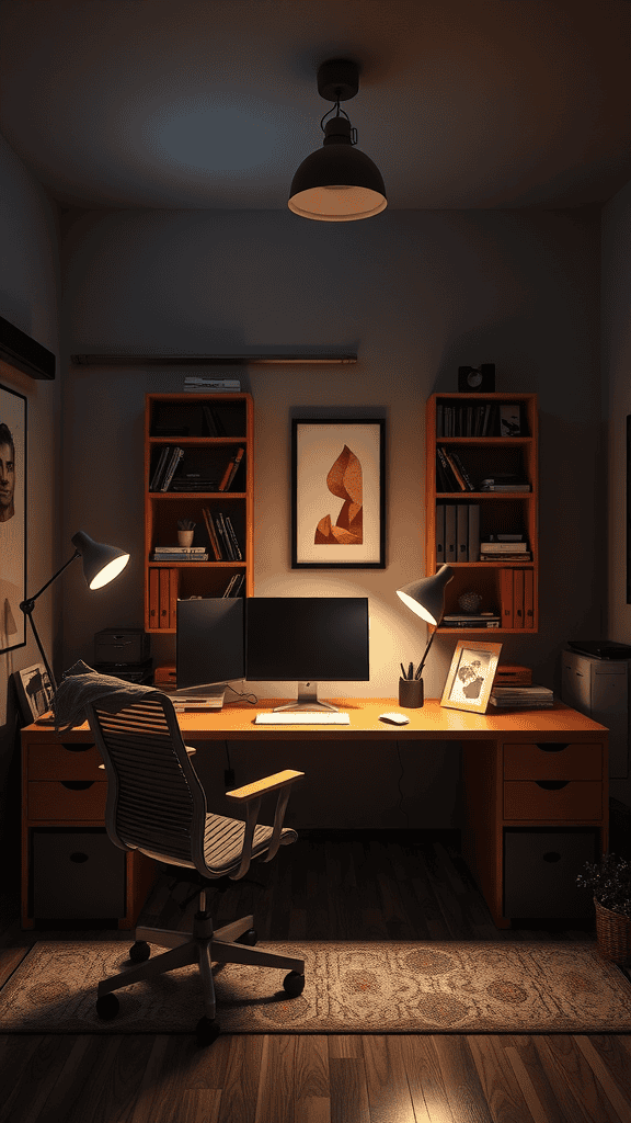 A cozy office space with warm lighting, featuring a wooden desk, two task lamps, and bookshelves.