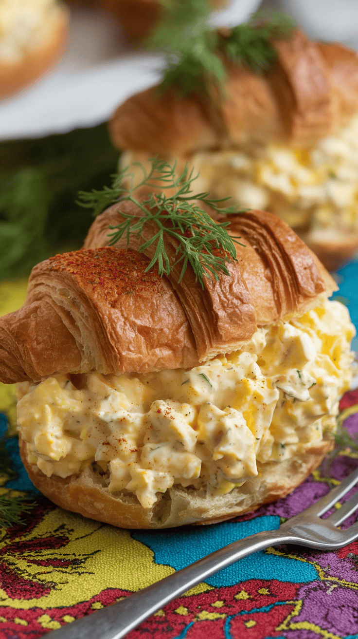 A close-up of an egg salad croissant garnished with dill and paprika on a colorful textile.