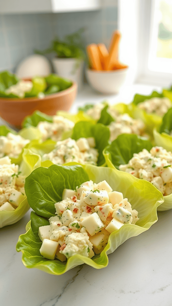 Colorful egg salad served in lettuce cups, with fresh ingredients in the background