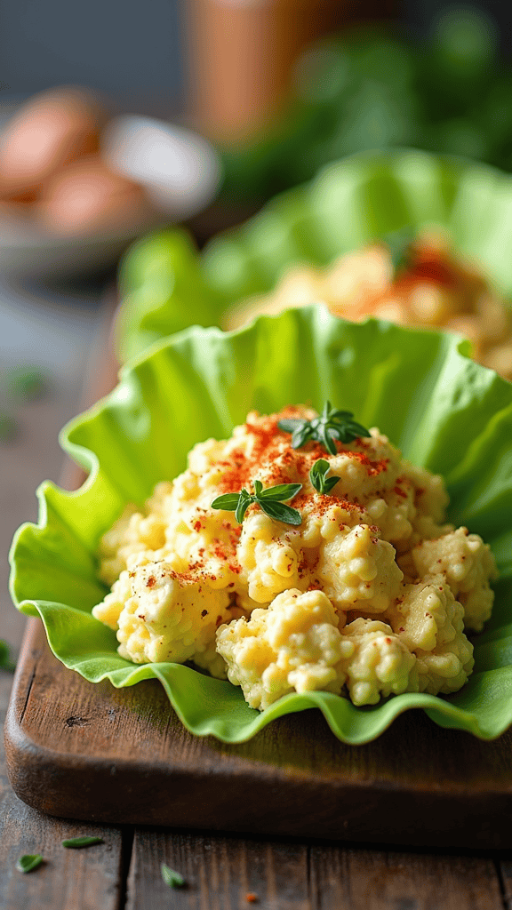 Egg salad served in lettuce leaves, topped with paprika and herbs