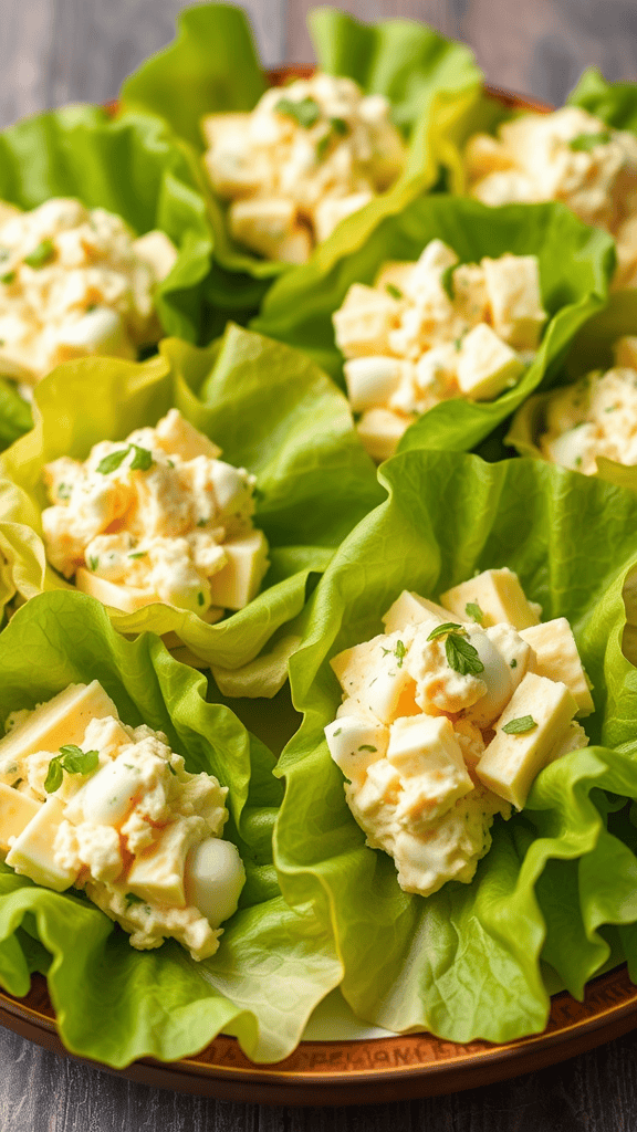 Plate of egg salad lettuce wraps with chopped egg and cheese in lettuce leaves