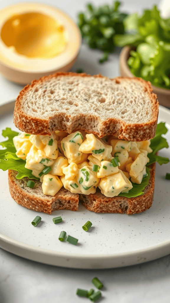 A delicious egg salad sandwich with chives on whole grain bread, garnished with fresh lettuce and chives on a plate.