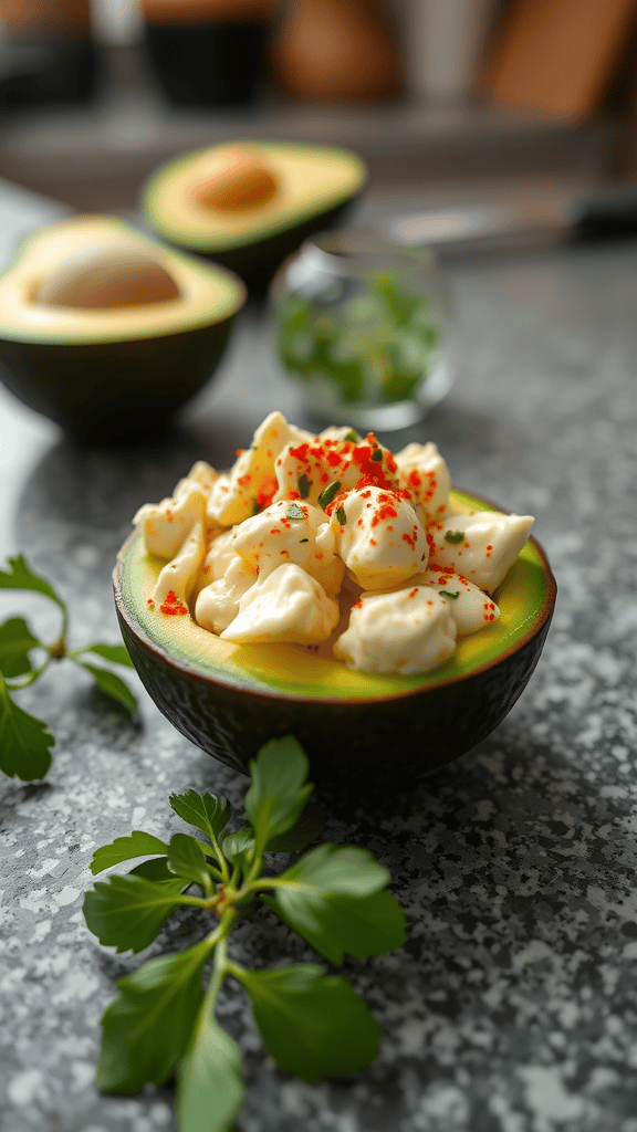 Avocado half filled with creamy egg salad, garnished with paprika and surrounded by fresh herbs