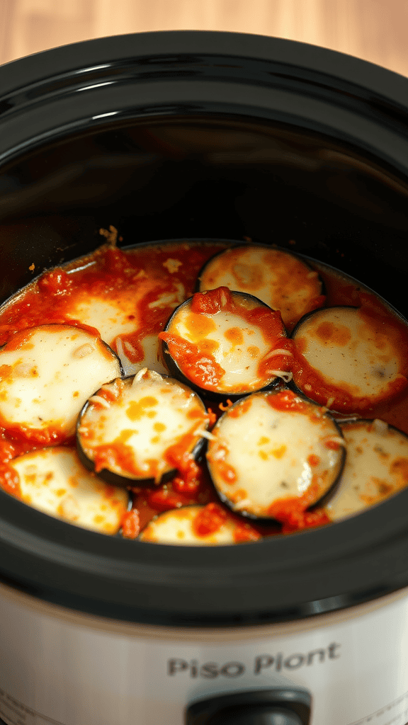 Close-up of Eggplant Parmesan Casserole in a crockpot