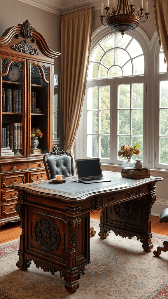 A beautifully crafted antique desk in a Victorian-style home office, featuring intricate details and a cozy atmosphere.