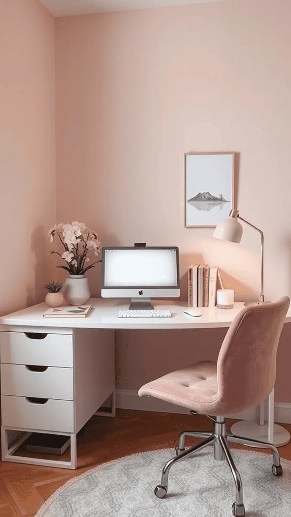 A stylish desk arrangement featuring a computer, books, plants, and soft lighting.