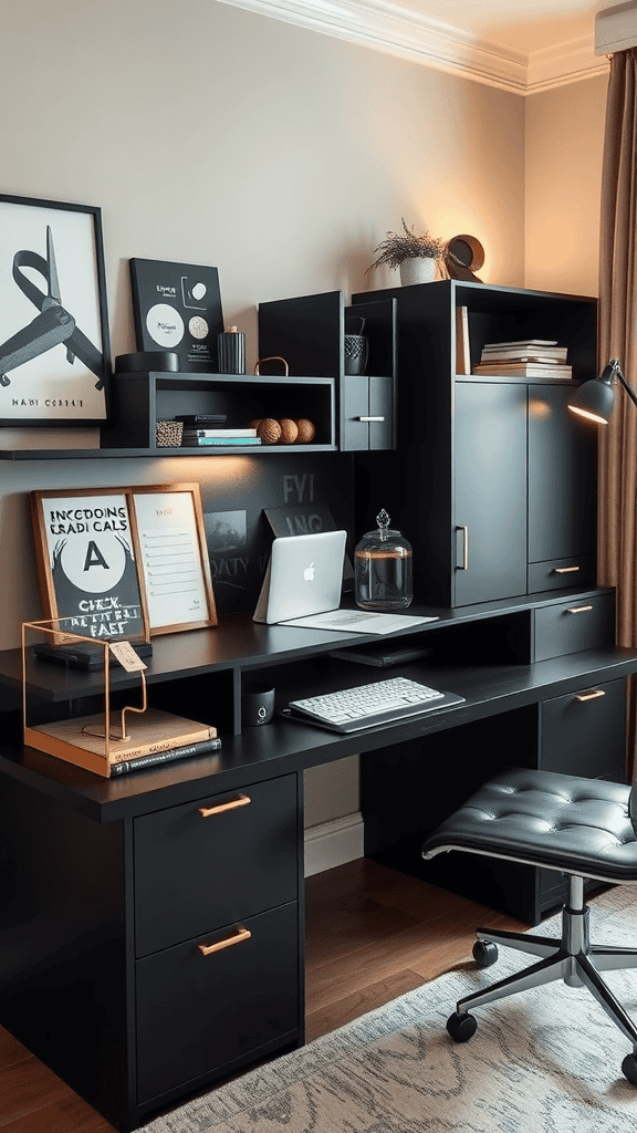 Elegant and organized black desk setup with decorative items and a plant