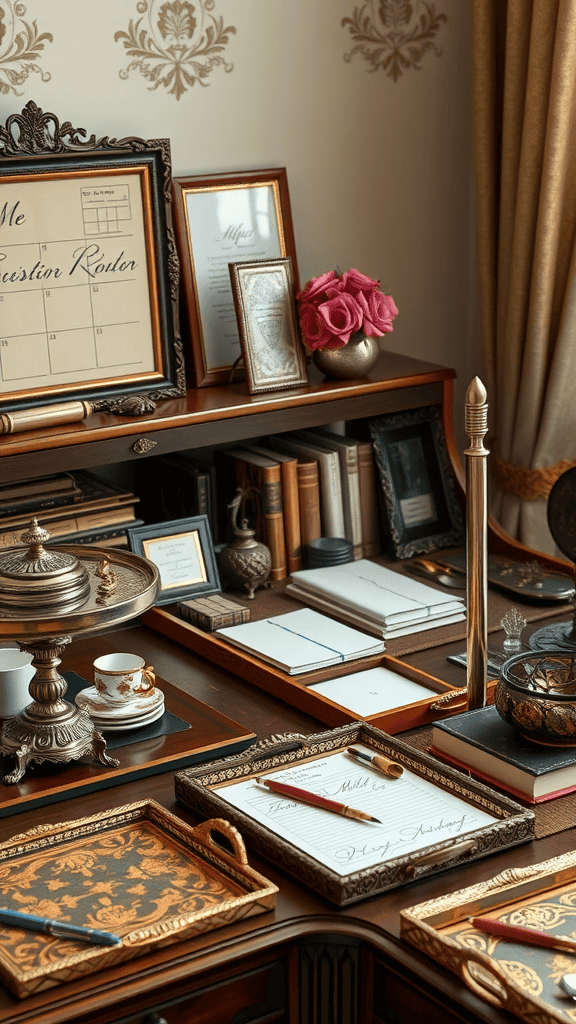 Victorian home office desk with organized stationery and elegant decor.