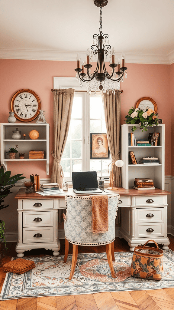 A stylish office space featuring dusty rose walls, a wooden desk, and elegant decor