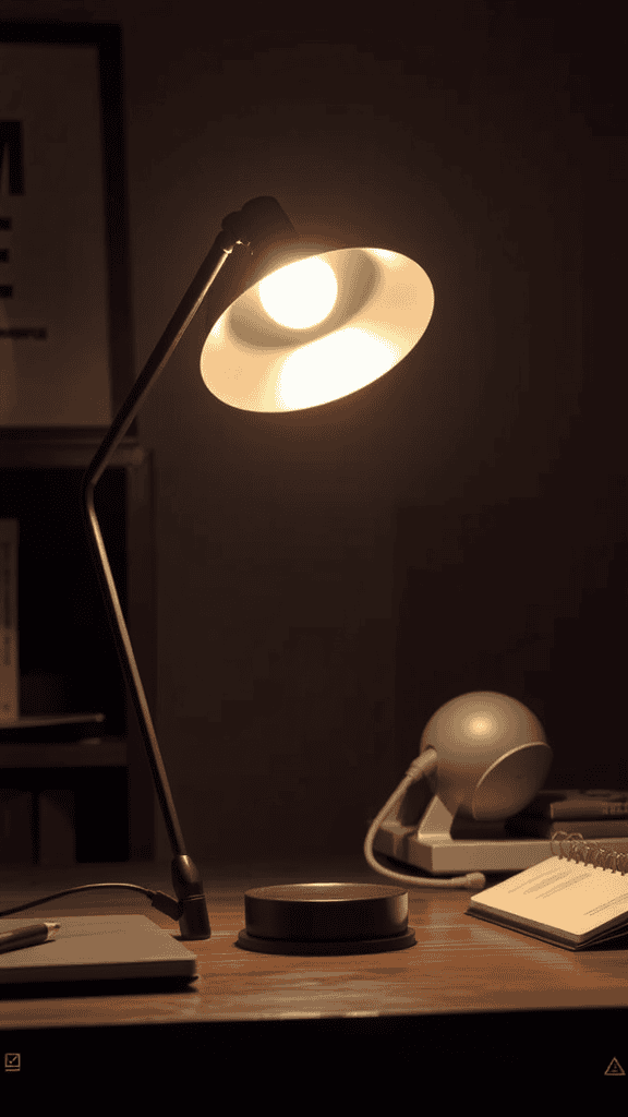 A stylish desk lamp illuminating a workspace with books and stationery.