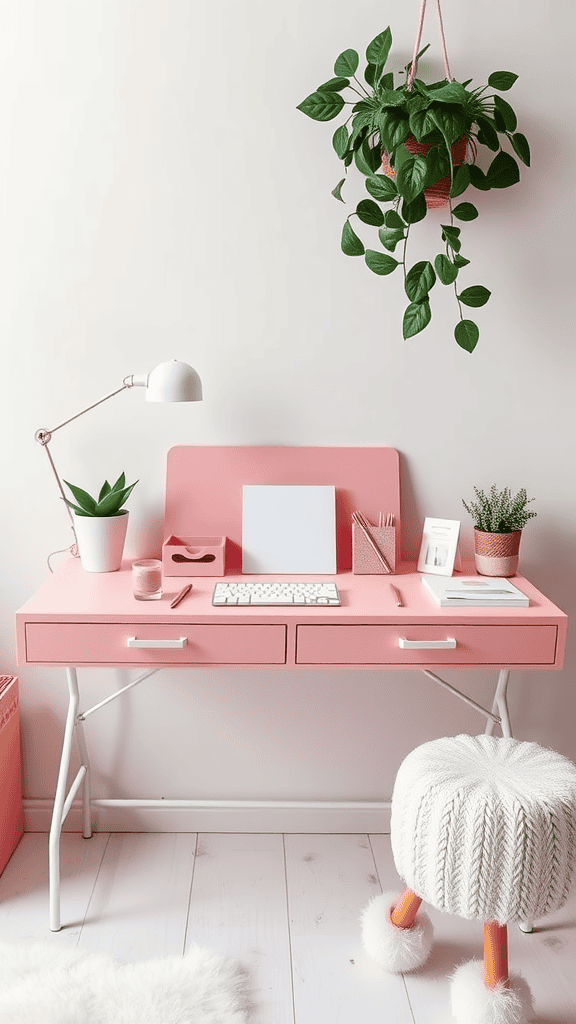 A stylish pink desk setup featuring a keyboard, a notepad, plants, and a cozy stool.