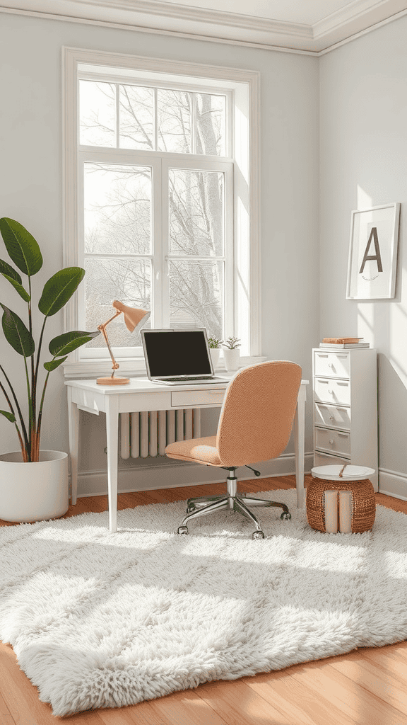 A bright workspace with a large, fluffy white rug under a desk, featuring a laptop and a comfortable chair.