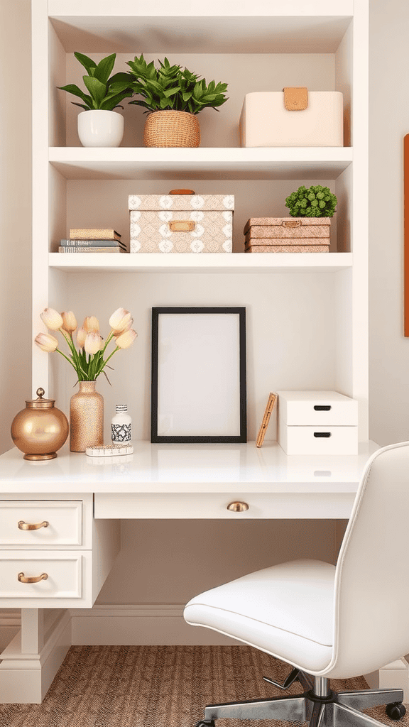 A neatly arranged desk with decorative storage boxes and plants on shelves.