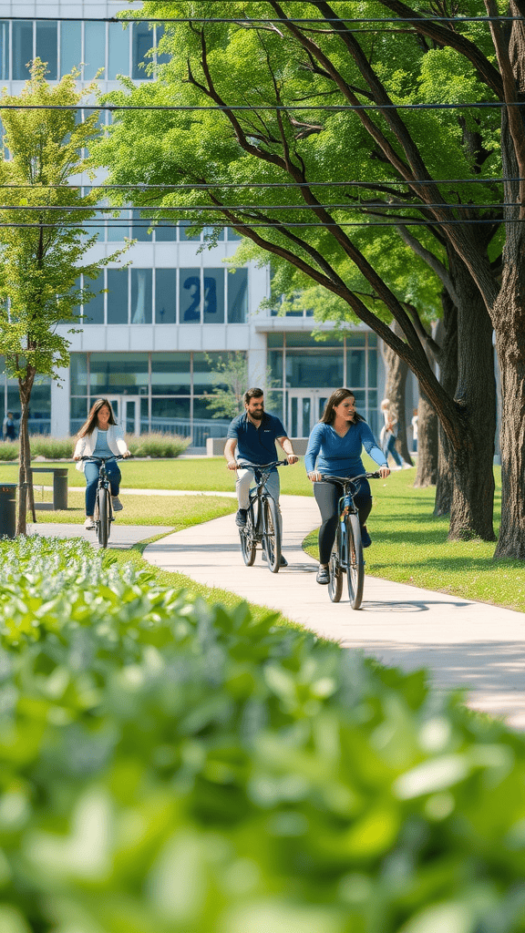 Three people biking on a path surrounded by greenery and modern buildings.