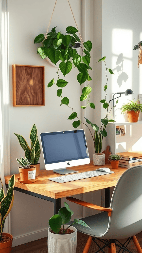 A bright and cozy home office setup featuring a desk with a computer, plants, and sunlight.