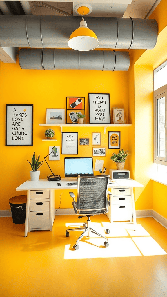 A bright yellow office space with a desk, computer, and plants.