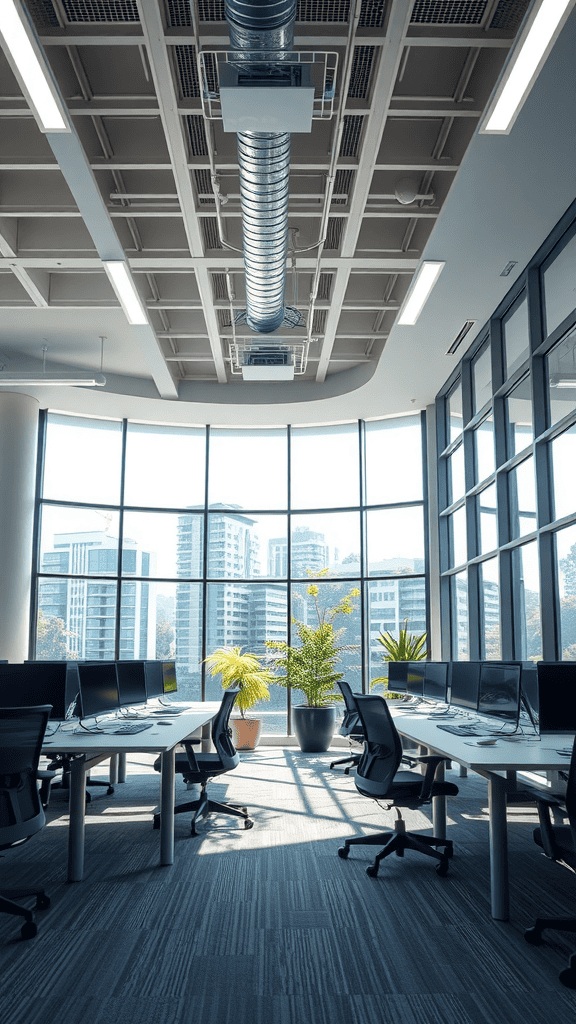 Bright and modern office with energy-efficient lighting and plants.