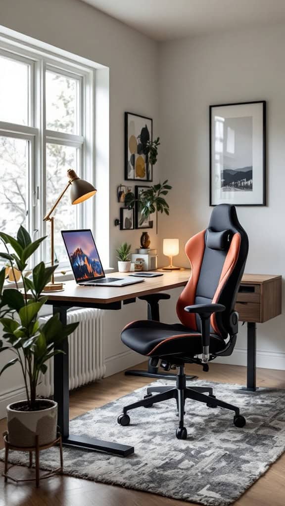 A stylish ergonomic chair and desk setup with plants and natural light.