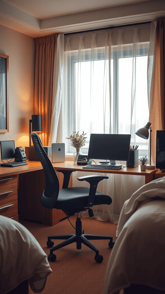 A cozy workspace with an ergonomic office chair, a desk with a computer setup, and natural light coming through the window