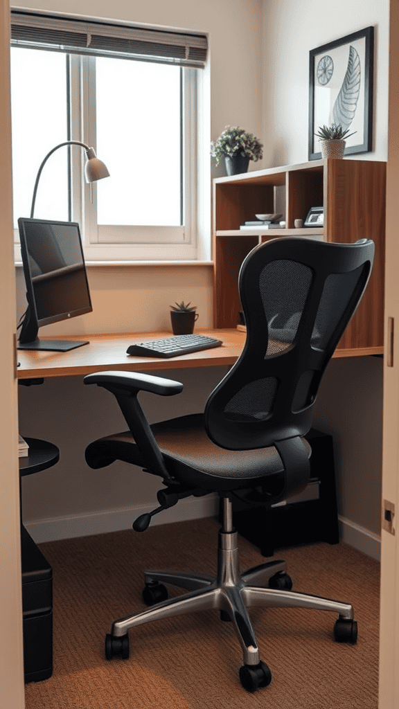 A modern ergonomic office setup featuring a comfortable chair, a wooden desk, and a monitor near a window