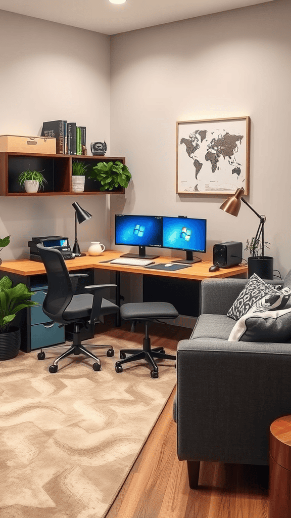 Ergonomic home office featuring a work desk with dual monitors, a comfortable couch, and indoor plants for a relaxing atmosphere.