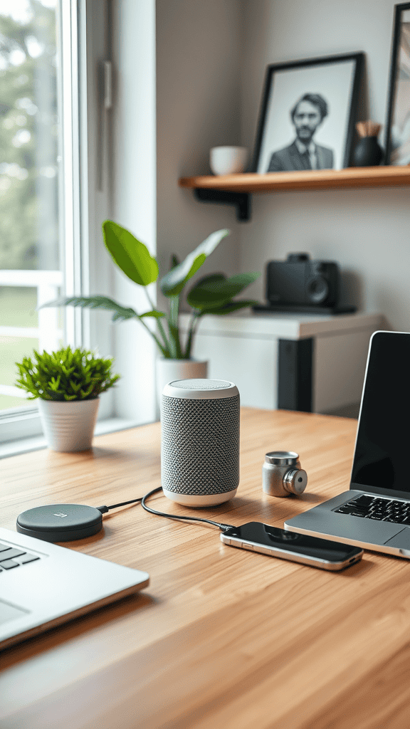 A modern workspace featuring a smart speaker, wireless charging pad, smartphone, and laptop on a wooden table.