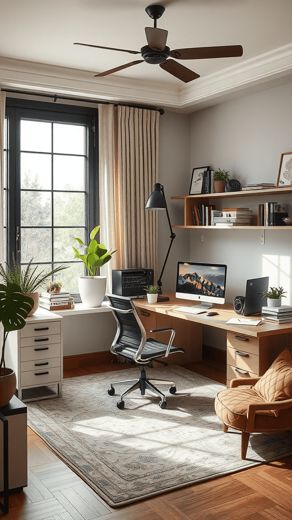 Cozy home office with a desk, computer, plants, and a comfortable chair.