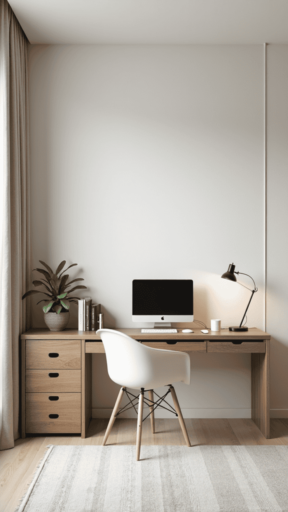 A minimalist workspace featuring a wooden desk, white chair, computer, books, and a plant, set against a light wall.